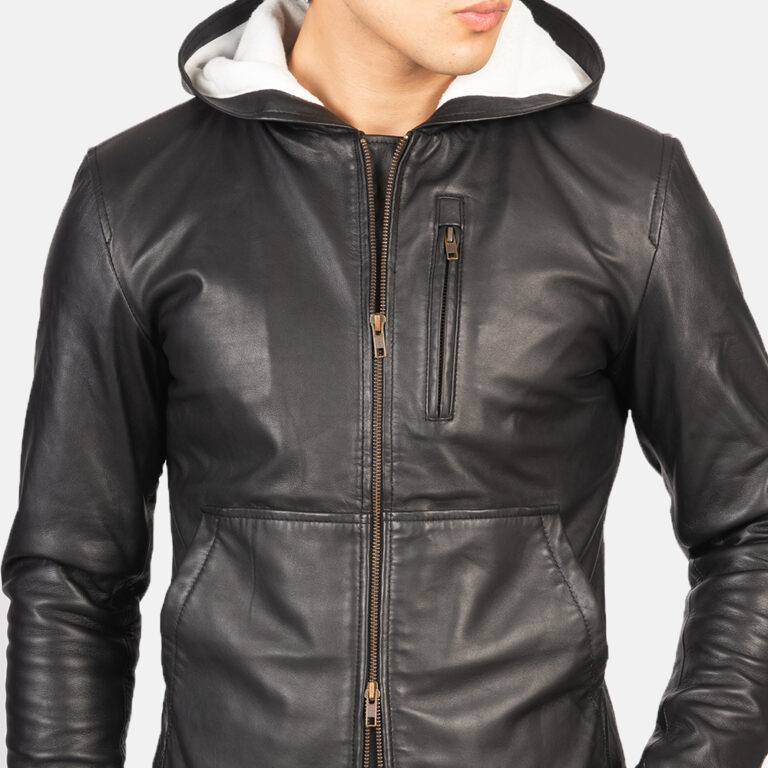 Mens Baston Black Hooded Leather Bomber Jacket Close-Up-9-1634138161179